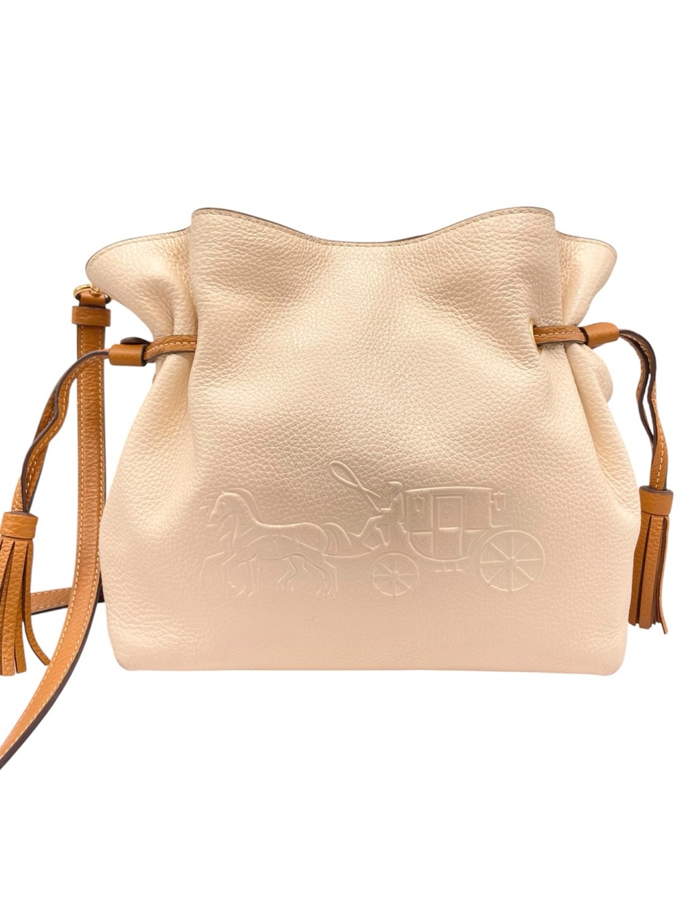 Coach Andy Cream Pebbled Leather Tote with Tan Trim & Tassels